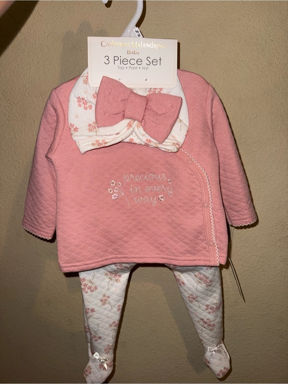Catherine Malandrino Pink Quilted 3-Piece Baby Set with Bow Hat